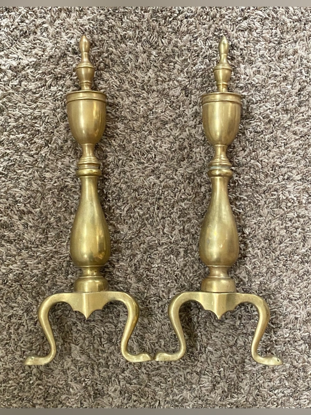 Vintage Andirons Solid Brass Fireplace Pair Federal Urn Finial Hearth Decor 22”